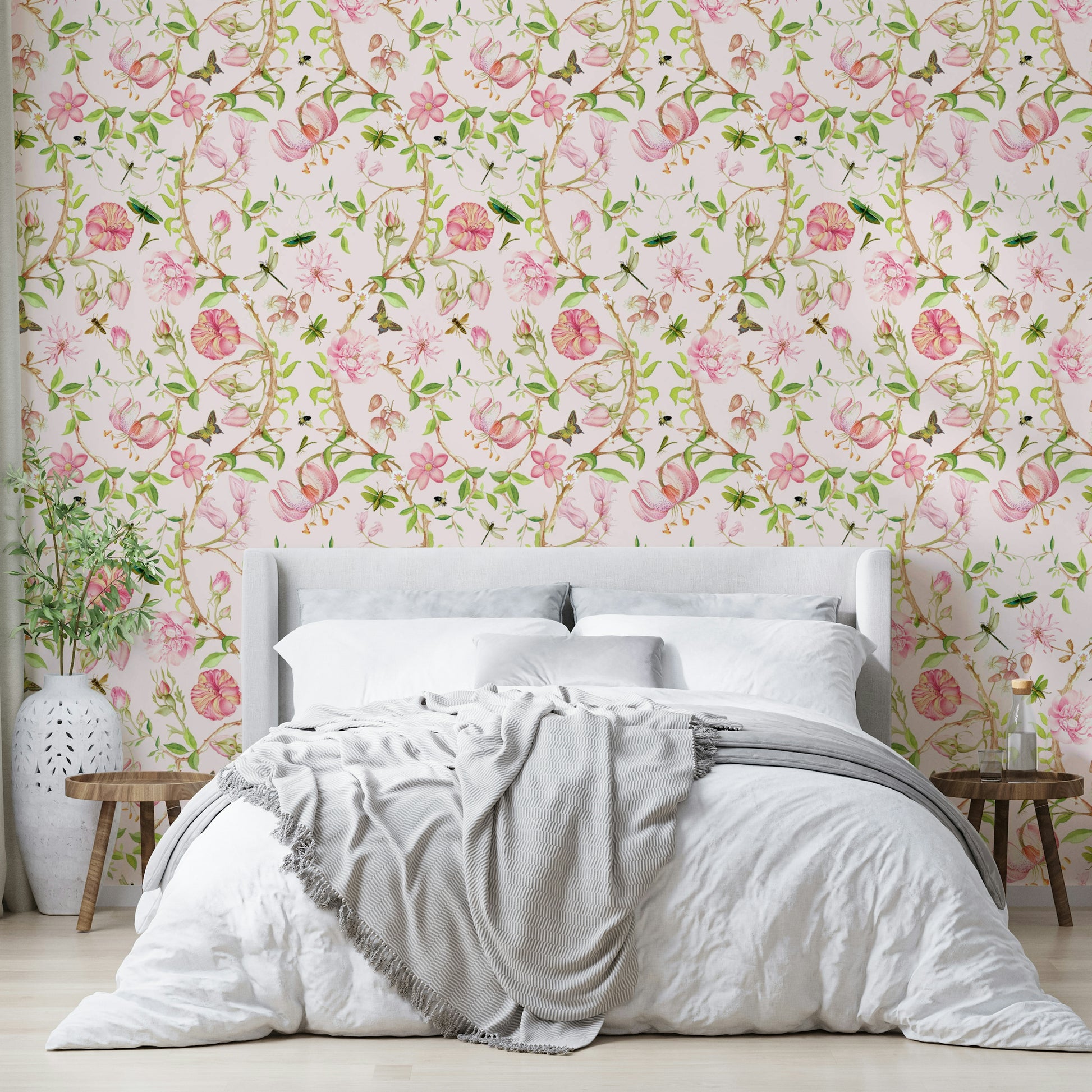 Elegant floral mural with watercolor vines and light cream base.

