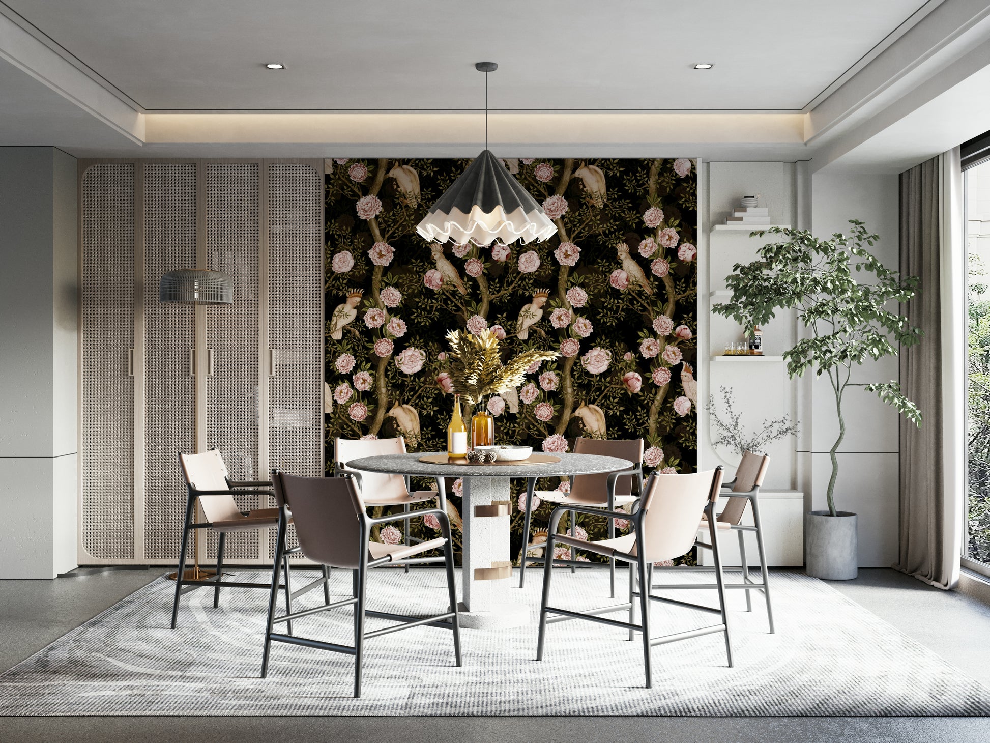 Neutral-toned wallpaper featuring soft tropical foliage.

