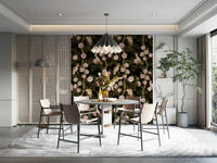 Neutral-toned wallpaper featuring soft tropical foliage.

