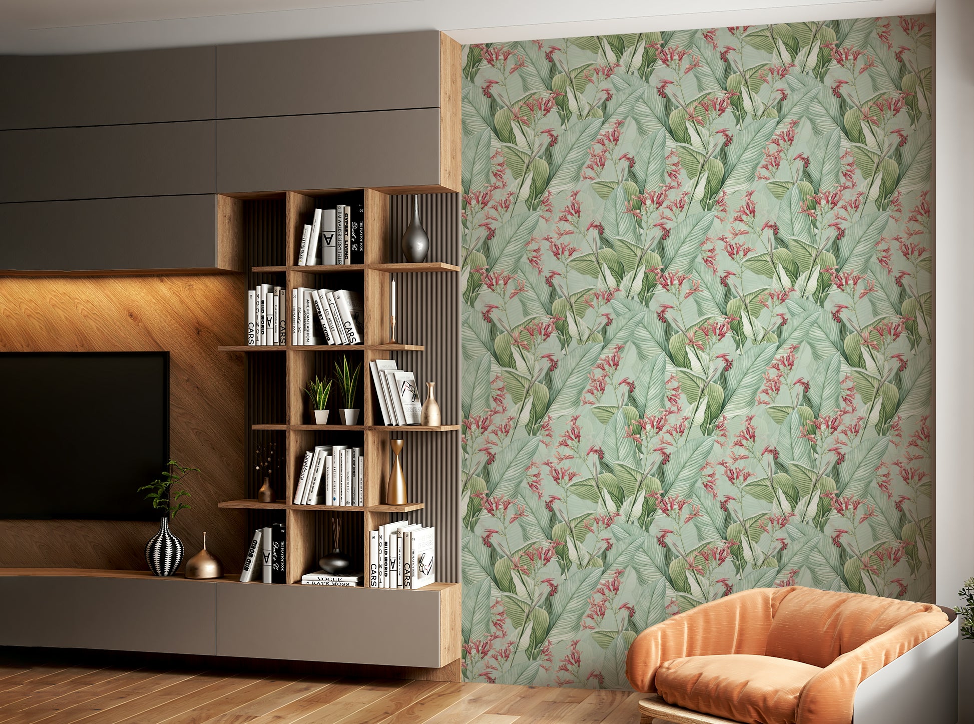 Vibrant tropical wallpaper with exotic florals and greenery.

