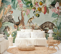 Vintage tropical wallpaper mural with rich flora and fauna

