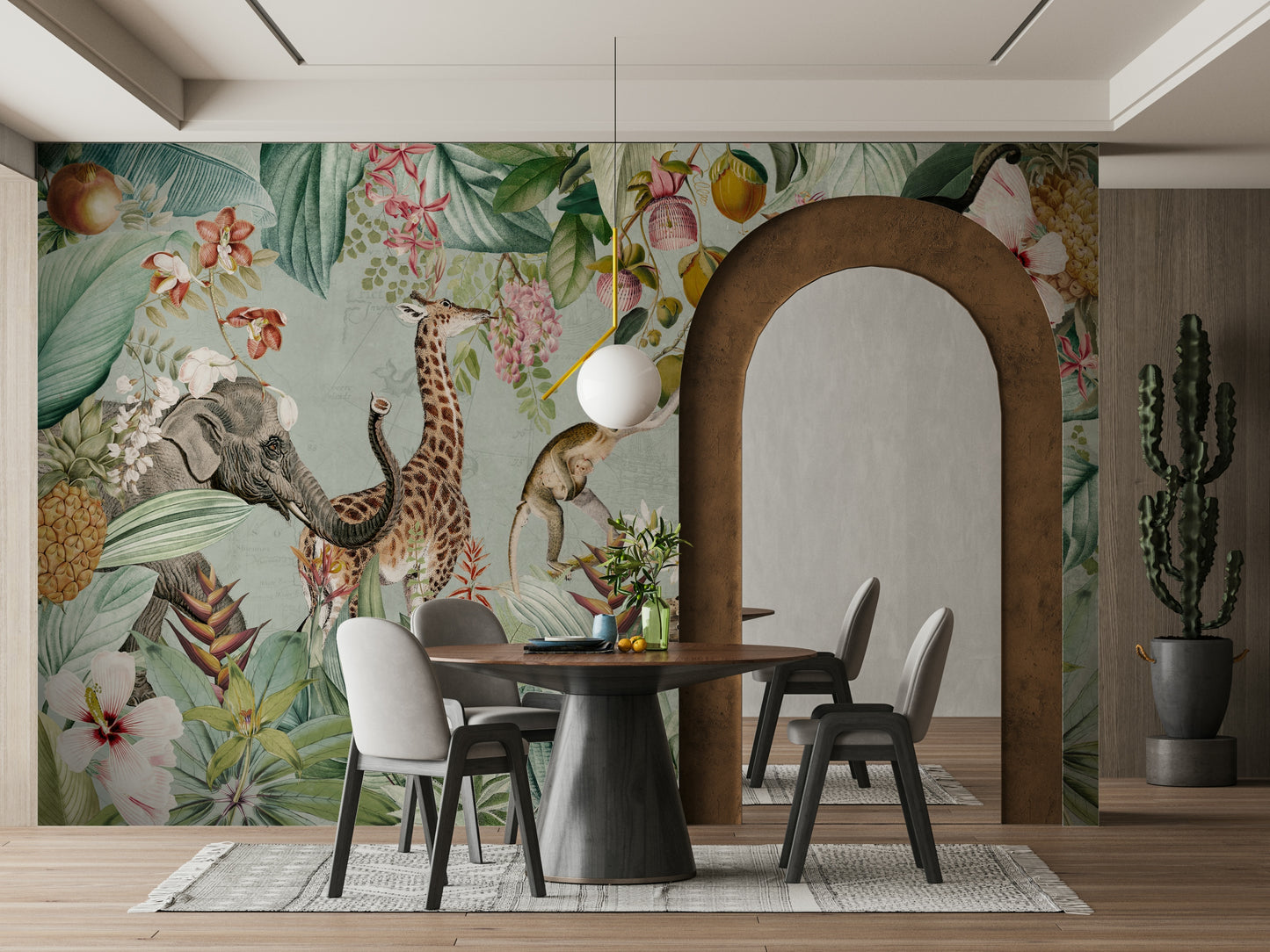 Tropical vintage mural with vibrant greenery and exotic animals

