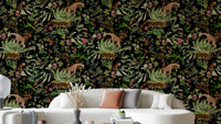Wild animal and plant wallpaper bringing nature indoors.

