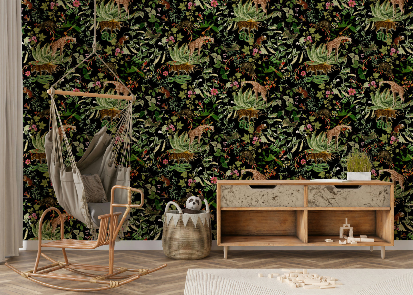 Whispers of the Wild Wallpaper featuring vibrant wildlife and lush foliage.

