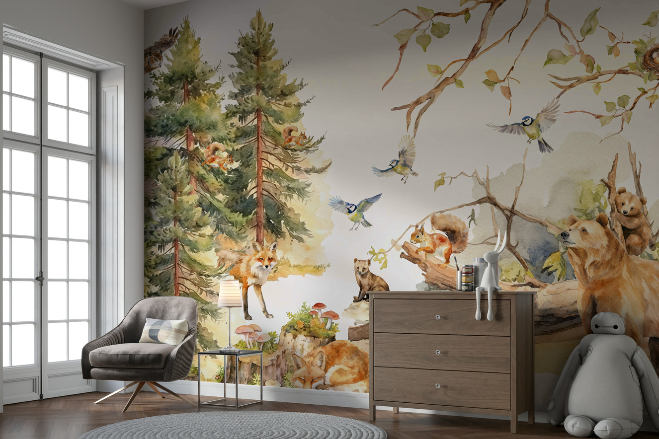 Woodland mural wallpaper with soft trees

