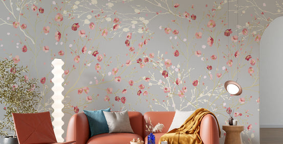 White and Red Flower wallpaper mural shown as a full feature wall that highlights the design