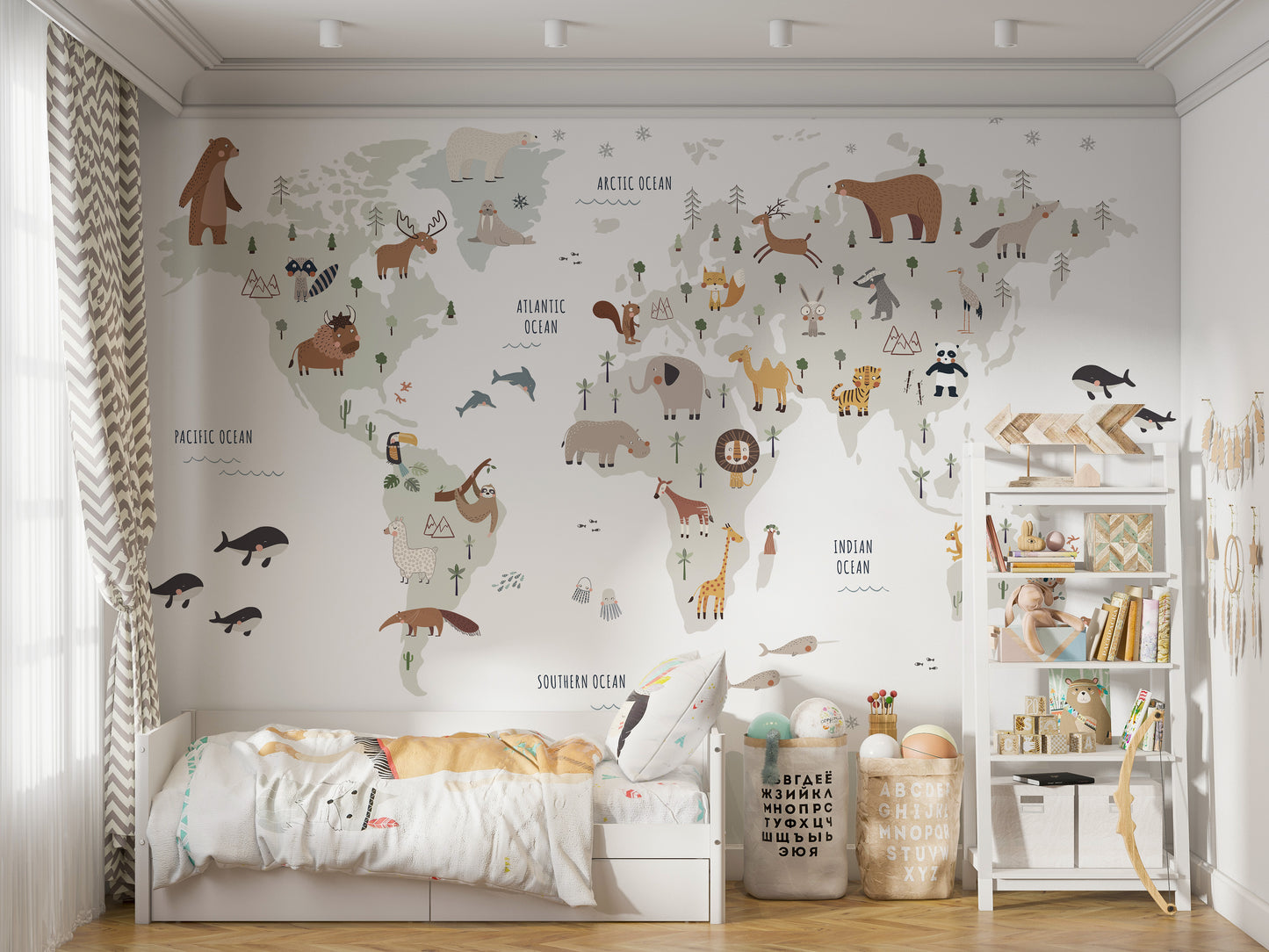 White Animals Map wallpaper mural with illustrated world map animals above a low white kids bed and toy shelf