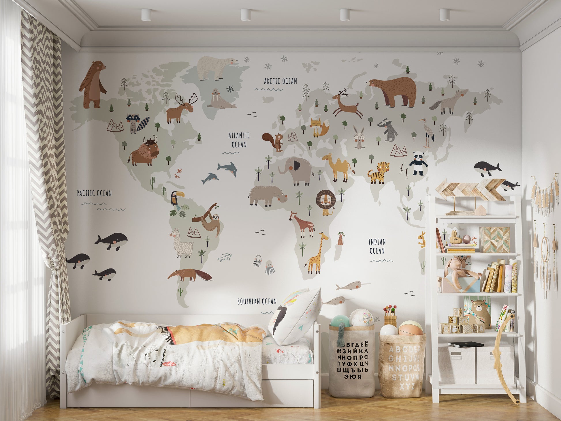 White Animals Map wallpaper mural with illustrated world map animals above a low white kids bed and toy shelf