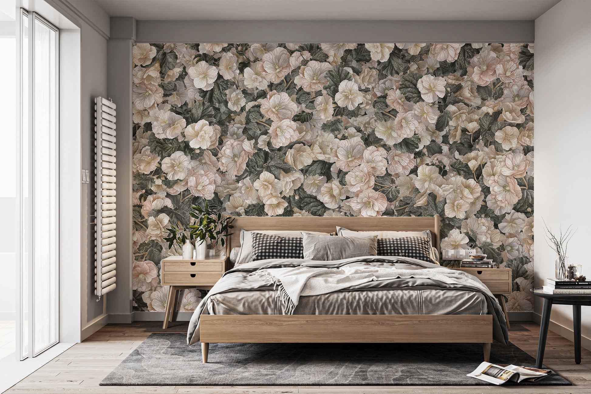White Begonia Flower wallpaper mural of cream and green blooms behind a wooden bed with grey bedding