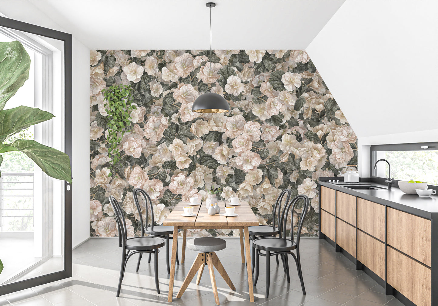 White Begonia Flower wallpaper mural of cream blooms behind a wooden dining table and black chairs in a kitchen