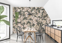 White Begonia Flower wallpaper mural of cream blooms behind a wooden dining table and black chairs in a kitchen