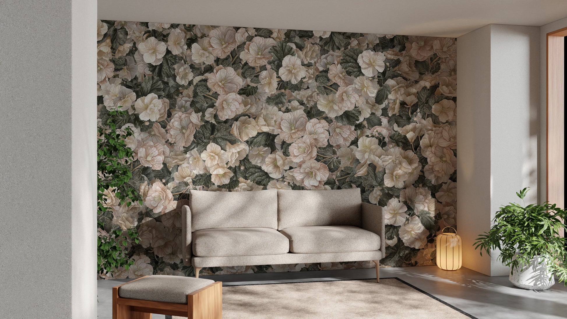White Begonia Flower wallpaper mural of cream blossoms behind a beige sofa and lantern lamp in a living room