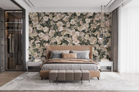 White Begonia Flower wallpaper mural of dense cream blooms behind a tan upholstered bed in a modern bedroom