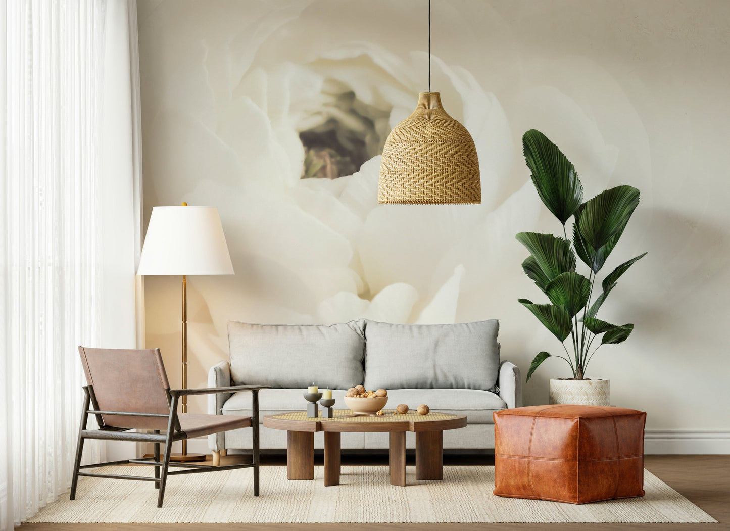 A calming serene flower wallpaper mural that defines a space.

