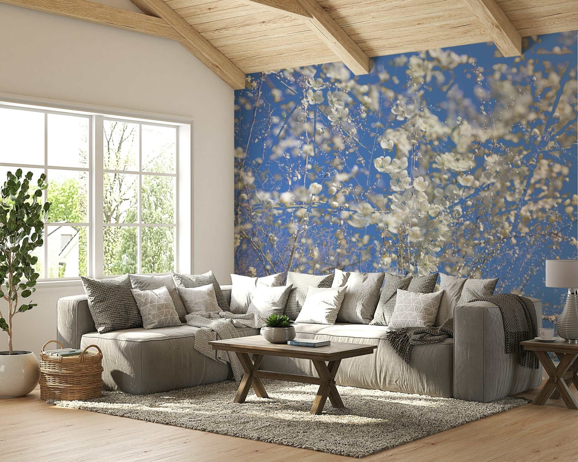 White Blossoms Against a Clear Blue Sky spring photography wall mural under a beamed ceiling behind a gray sectional in a living room