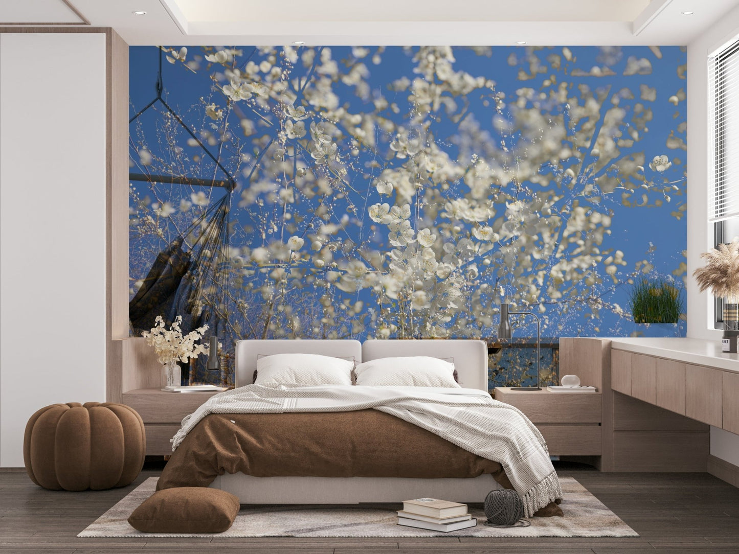 White Blossoms Against a Clear Blue Sky spring photography wall mural behind a brown bed with wood nightstands in a bedroom