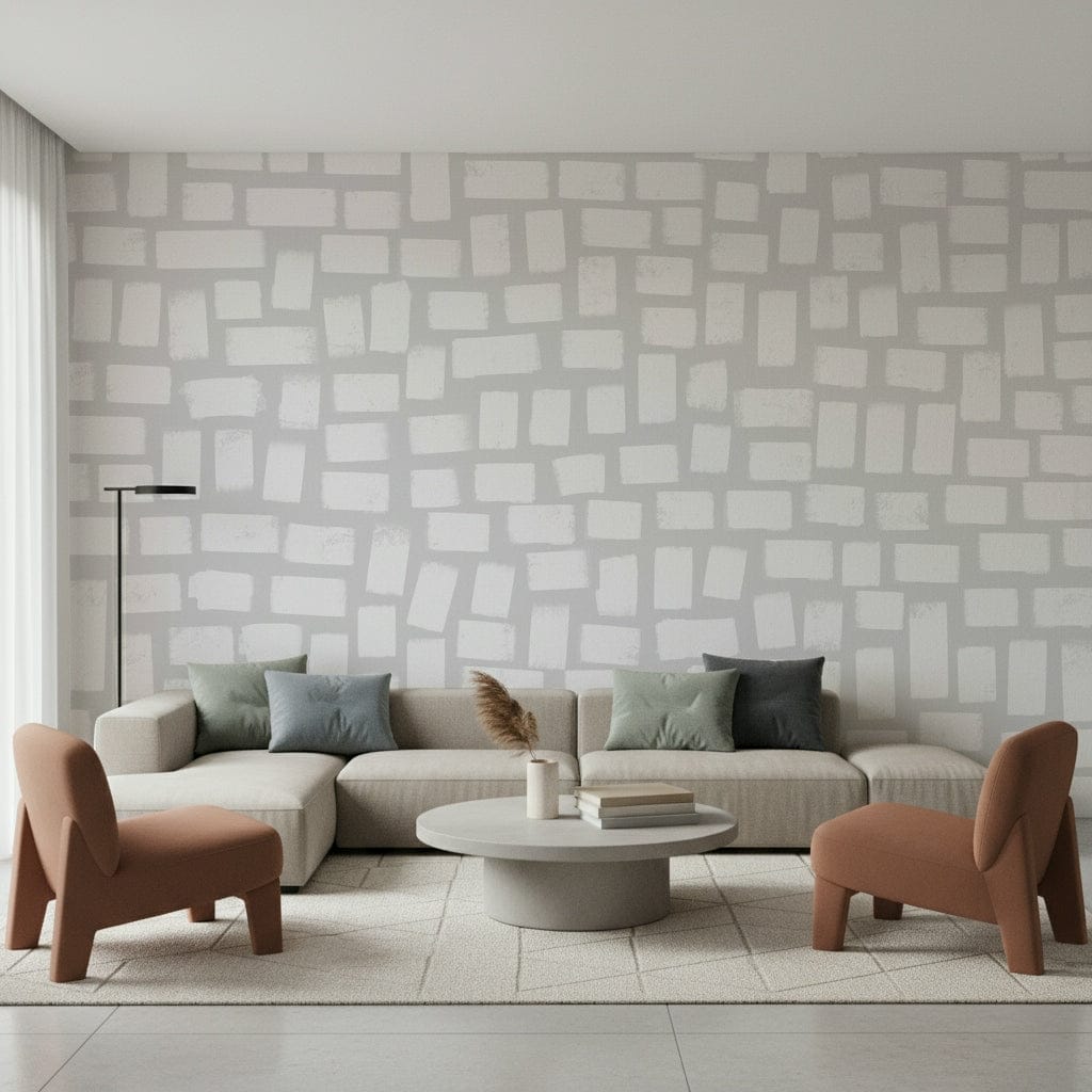 A peaceful modern abstract mural on decorative wallpaper.