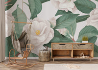 Elegant white camellia flowers wallpaper mural for serene decor.
