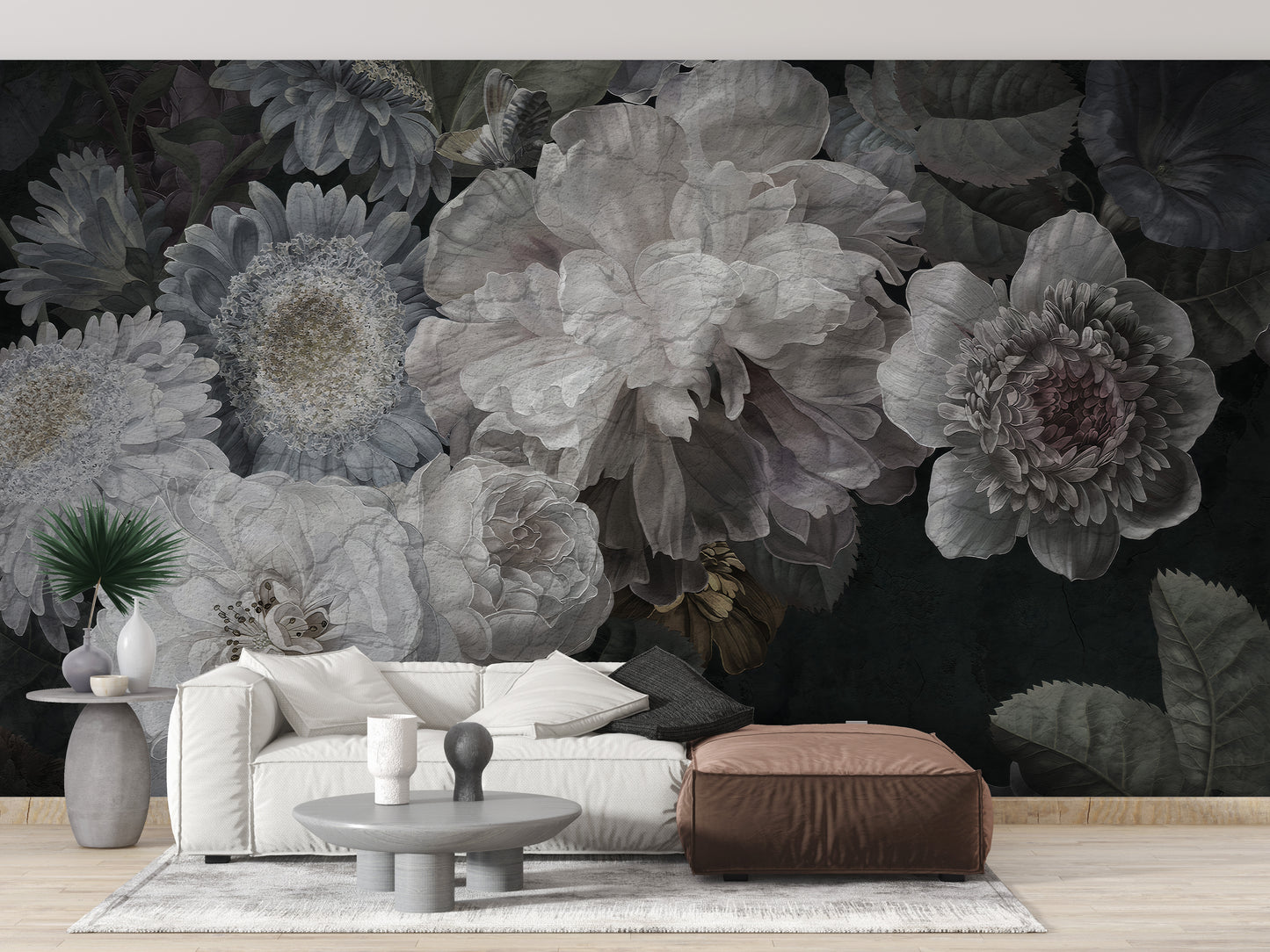 White Color Wild Flowers wallpaper mural close-up showing the pattern detail and texture
