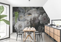 White Color Wild Flowers wallpaper mural as a feature wall in a home office workspace