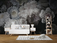 White Color Wild Flowers wallpaper mural styled as a feature wall behind a dining table and chairs
