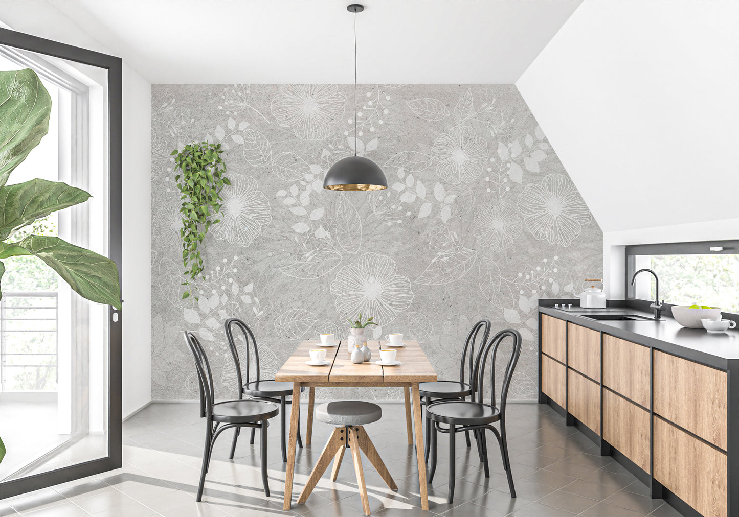 Elegant White and Gray Floral wallpaper with white blooms behind a wood table and black bentwood chairs in a kitchen