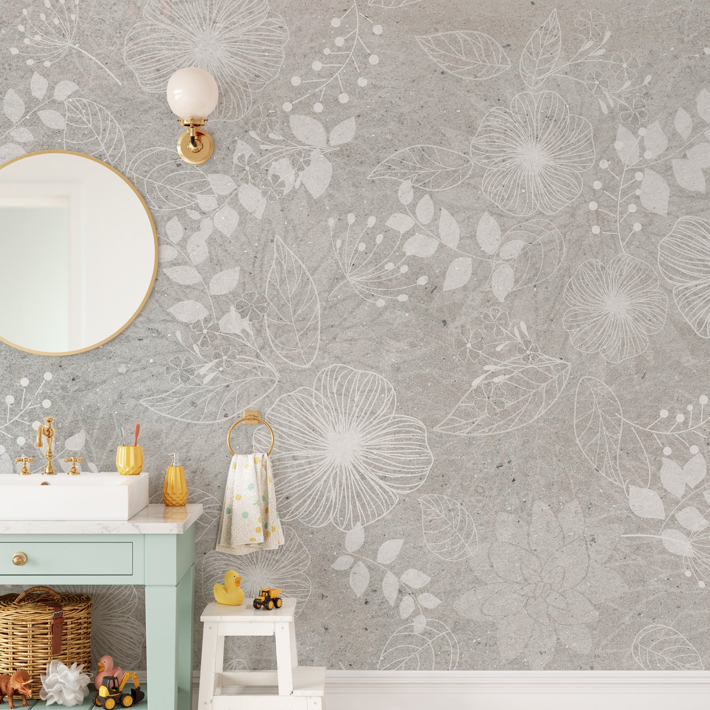 Elegant White and Gray Floral wallpaper of white outline flowers above a mint vanity and gold mirror in a bathroom