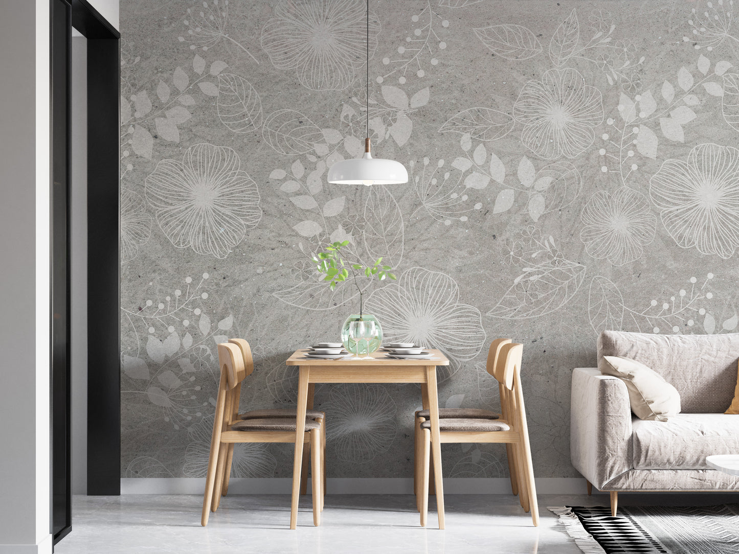 Elegant White and Gray Floral wallpaper with white line-art blooms behind a light wood dining table and white pendant in a dining nook