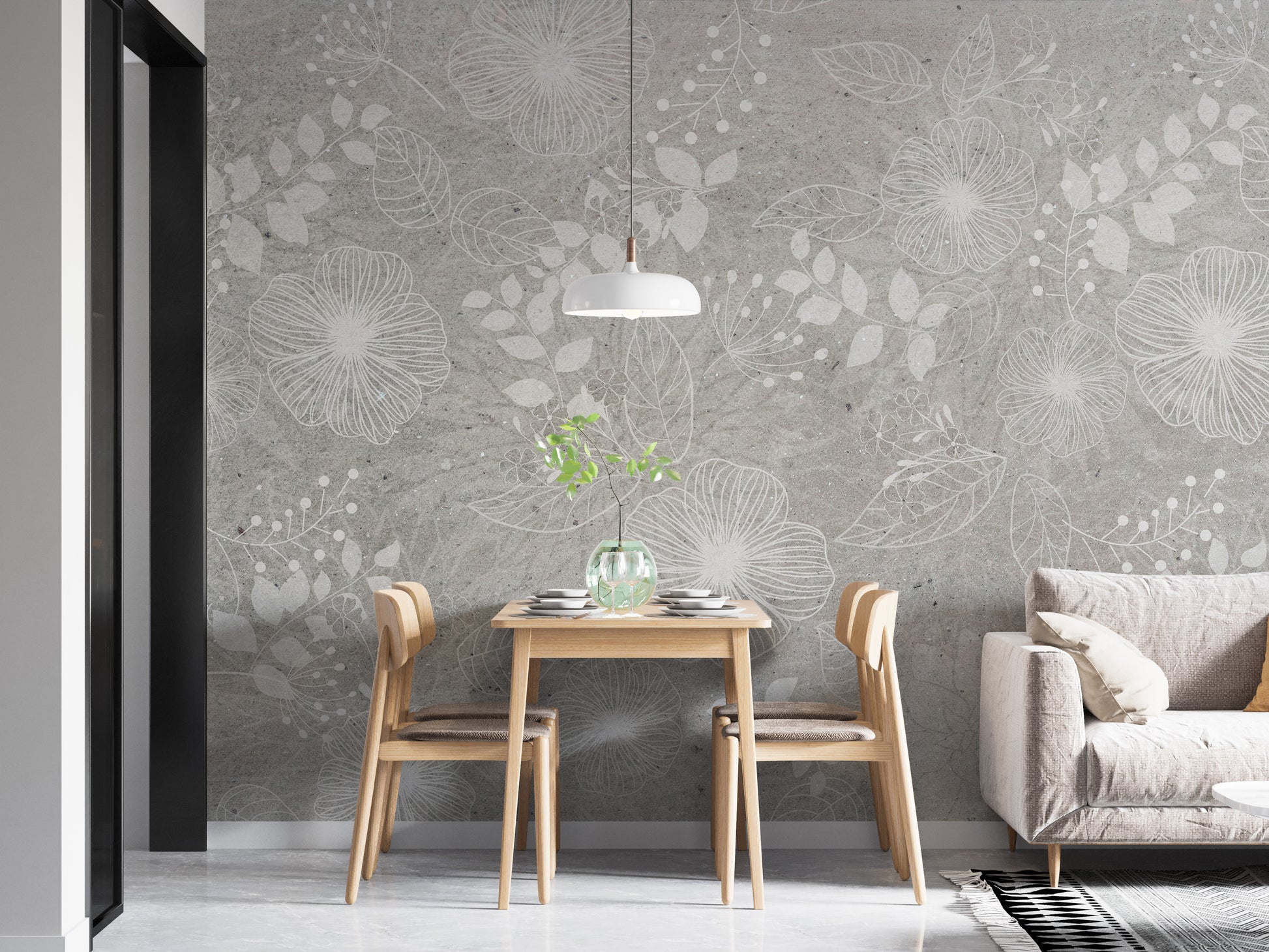 Elegant White and Gray Floral wallpaper with white line-art blooms behind a light wood dining table and white pendant in a dining nook