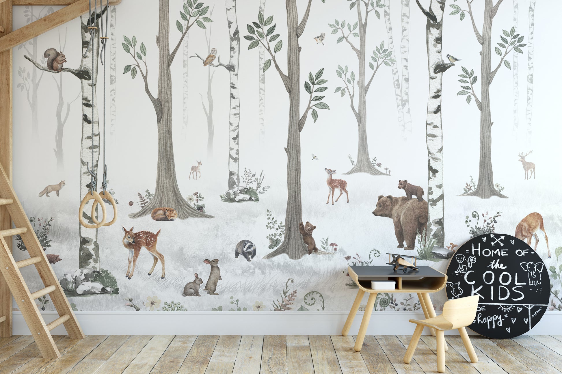 White Forest wallpaper of birch trees, deer and bears beside a loft bed ladder in a kids room