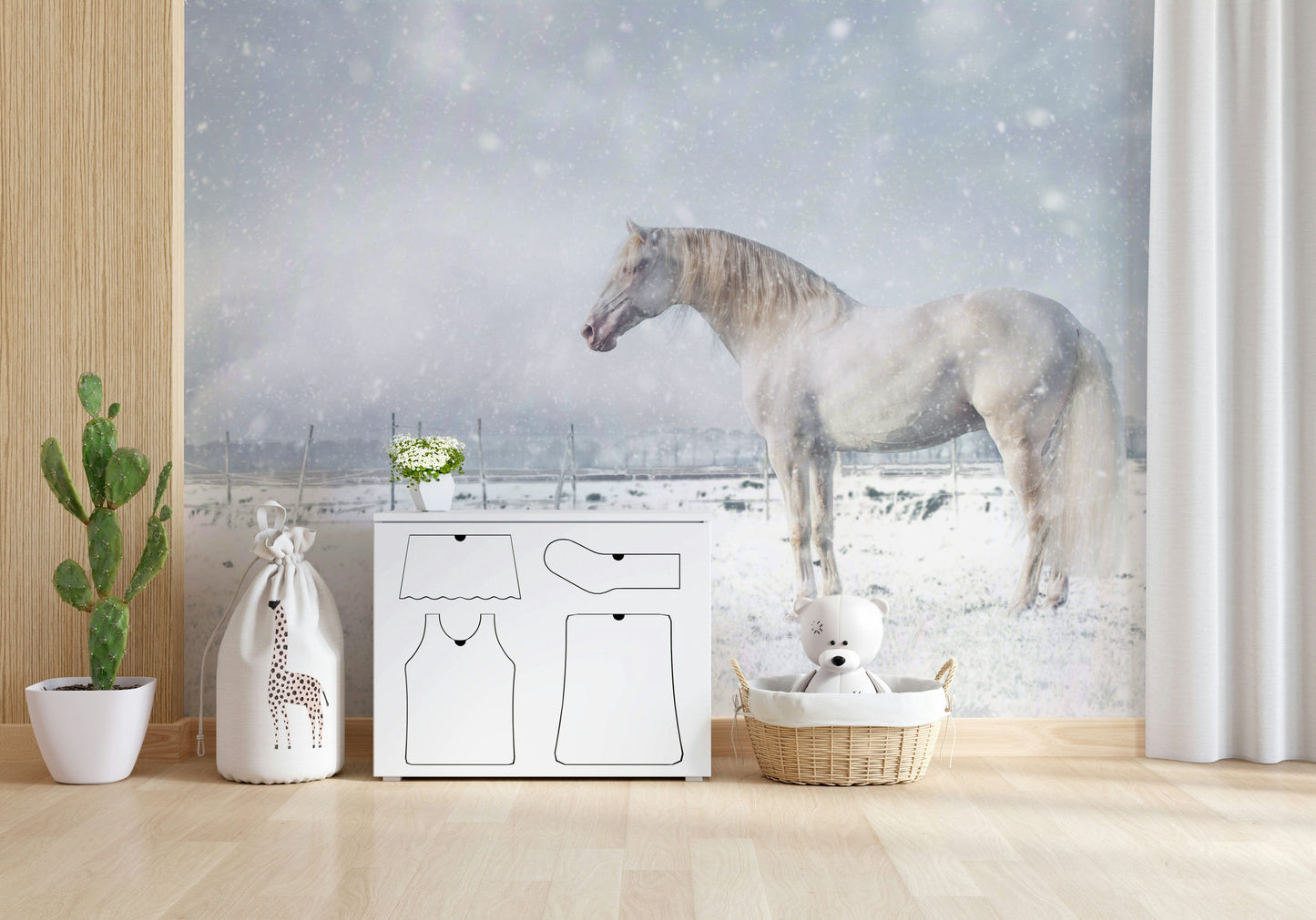 Snowdrift Horse wallpaper mural of a white horse in snow above a white dresser with a giraffe bag in a kids room