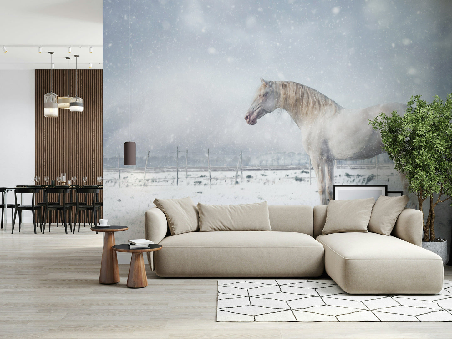 Snowdrift Horse wallpaper mural with a white horse in falling snow above a white dresser in a child's nursery