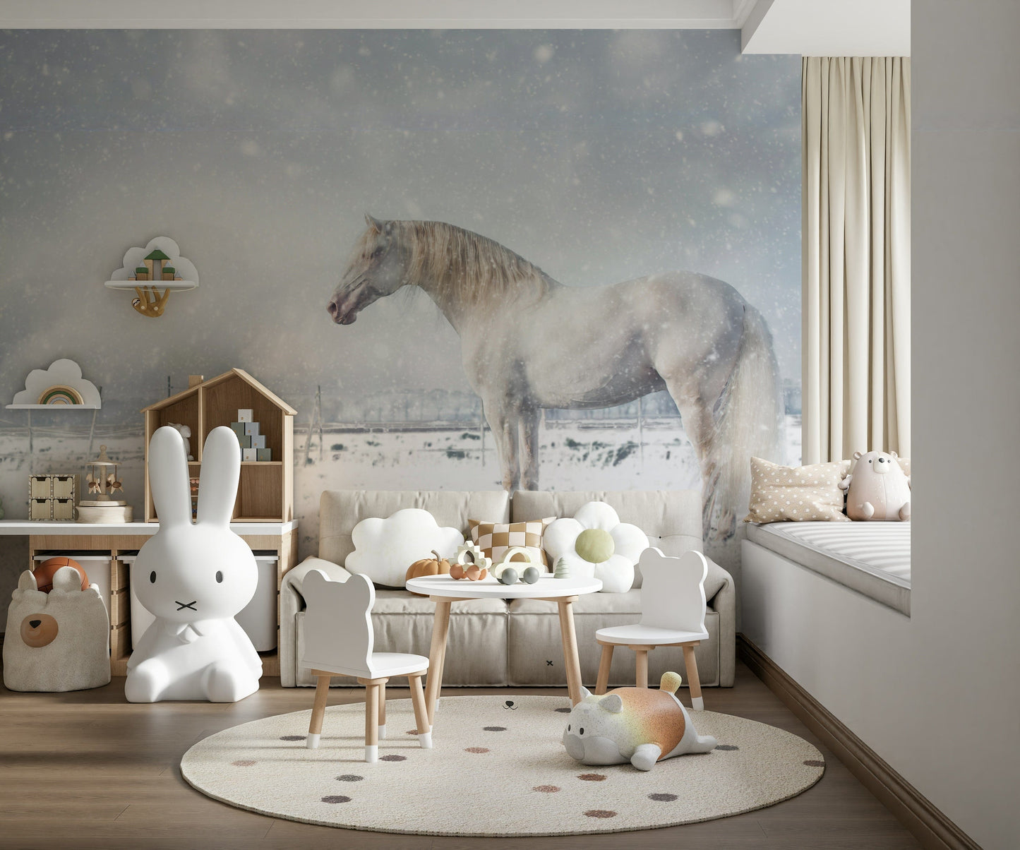 Snowdrift Horse wallpaper mural of a white horse in snow above a beige sofa in a Miffy-themed kids playroom