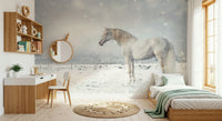 Snowdrift Horse wallpaper mural of a white horse in snow in a girls bedroom with purple unicorn bedding and pink rug