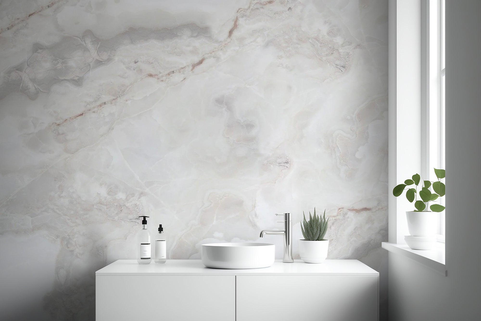White Marble wallpaper mural shown as a full feature wall that highlights the design