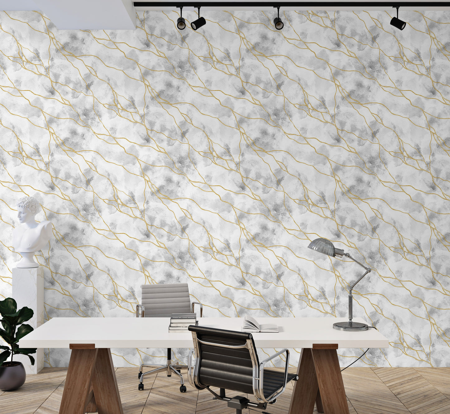 Faux marble wall mural with elegant golden veining

