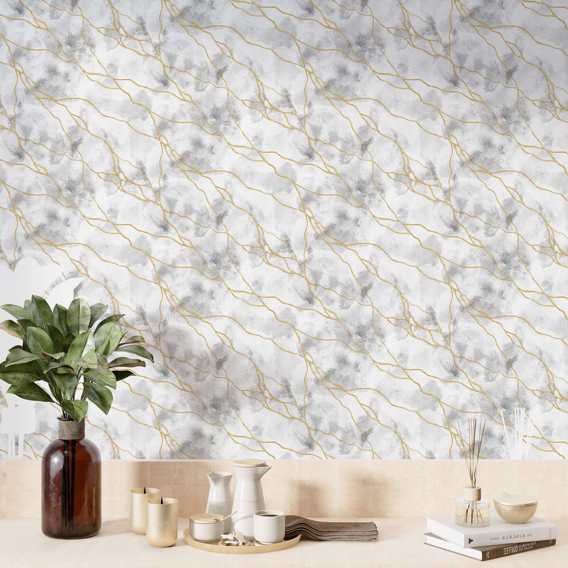 Realistic marble design in white with gold accents

