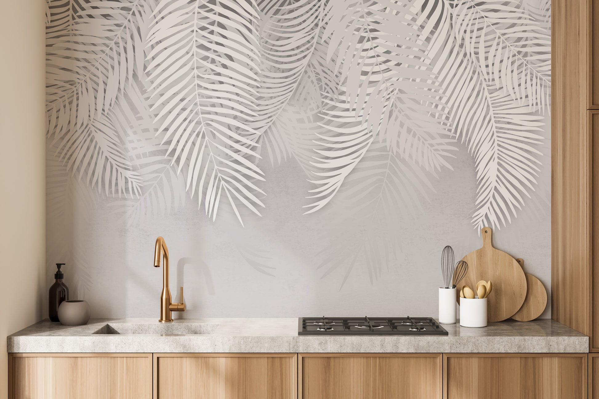 White palm leaves mural with textured charm
