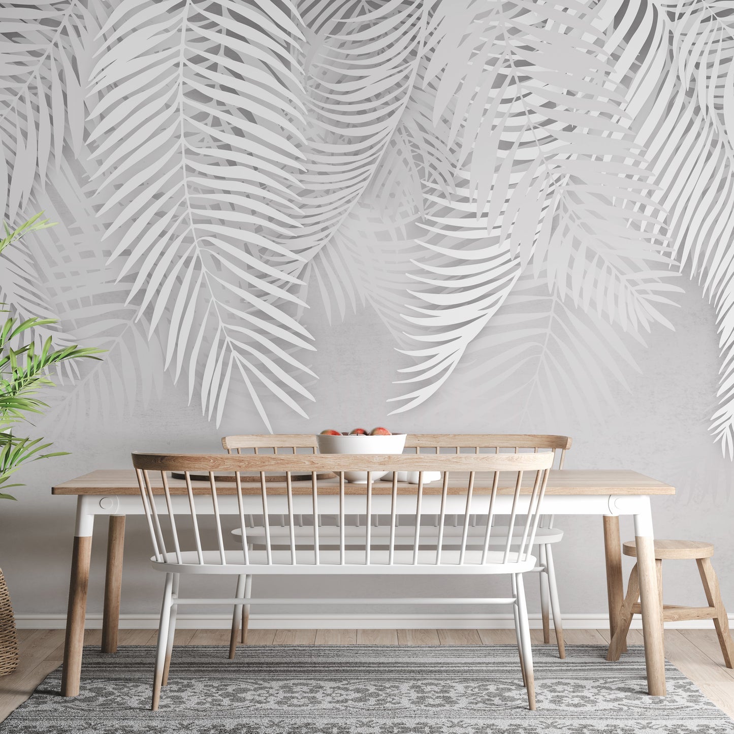 Palm leaves wallpaper with concrete tones
