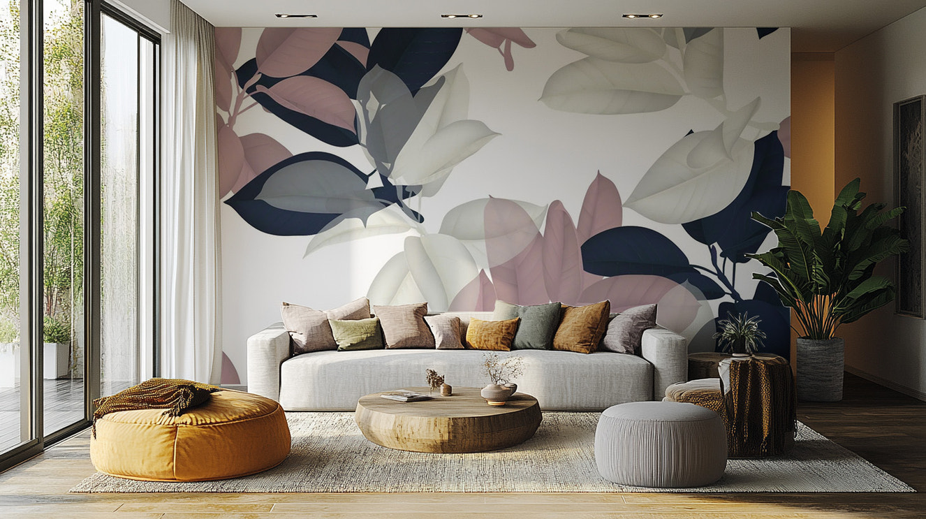 White & pink large leaves mural for walls

