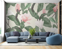Elegant white and pink magnolia mural wallpaper
