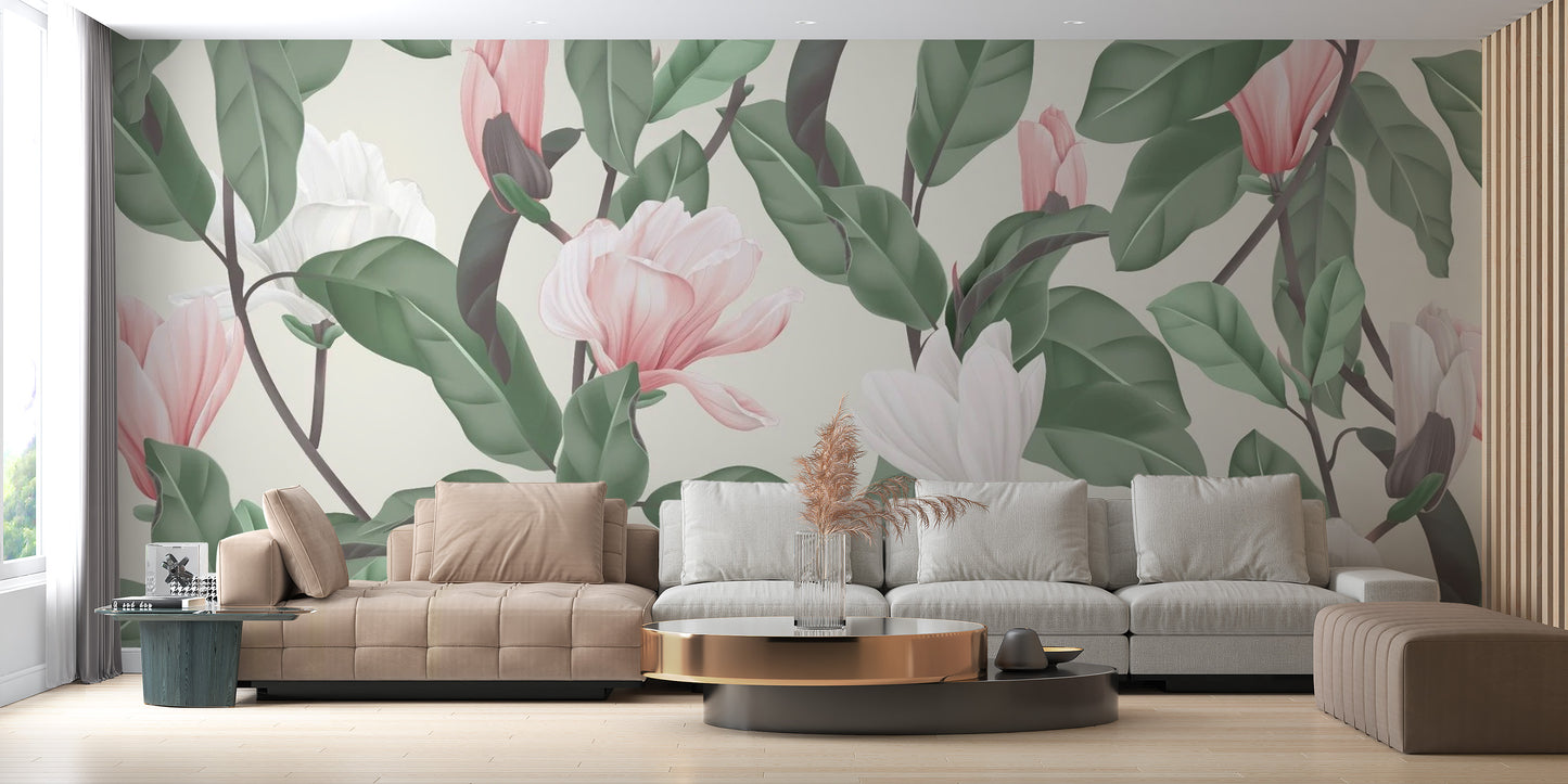Magnolia flower wallpaper mural in pink & white
