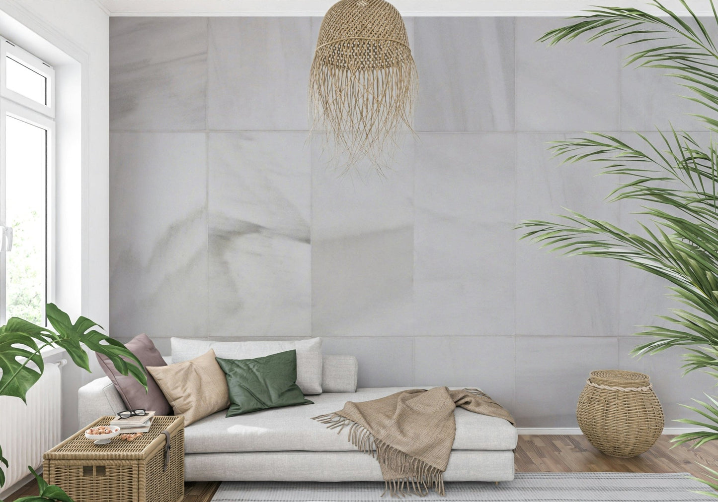 White Stone Blocks wall mural creating a sleek, elegant backdrop with subtle texture and depth.