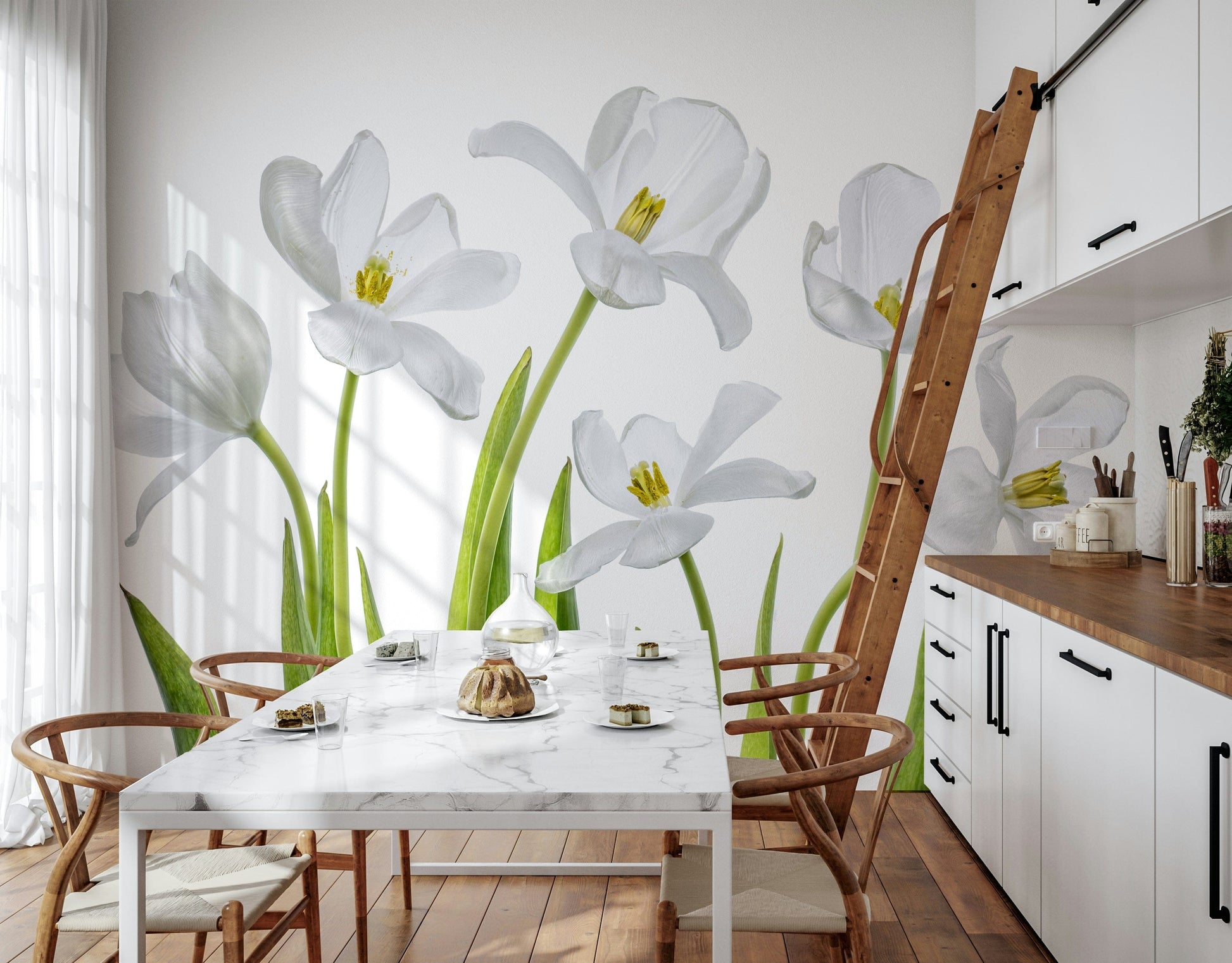 A peaceful flower garden mural on decorative wallpaper.

