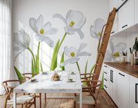 A peaceful flower garden mural on decorative wallpaper.

