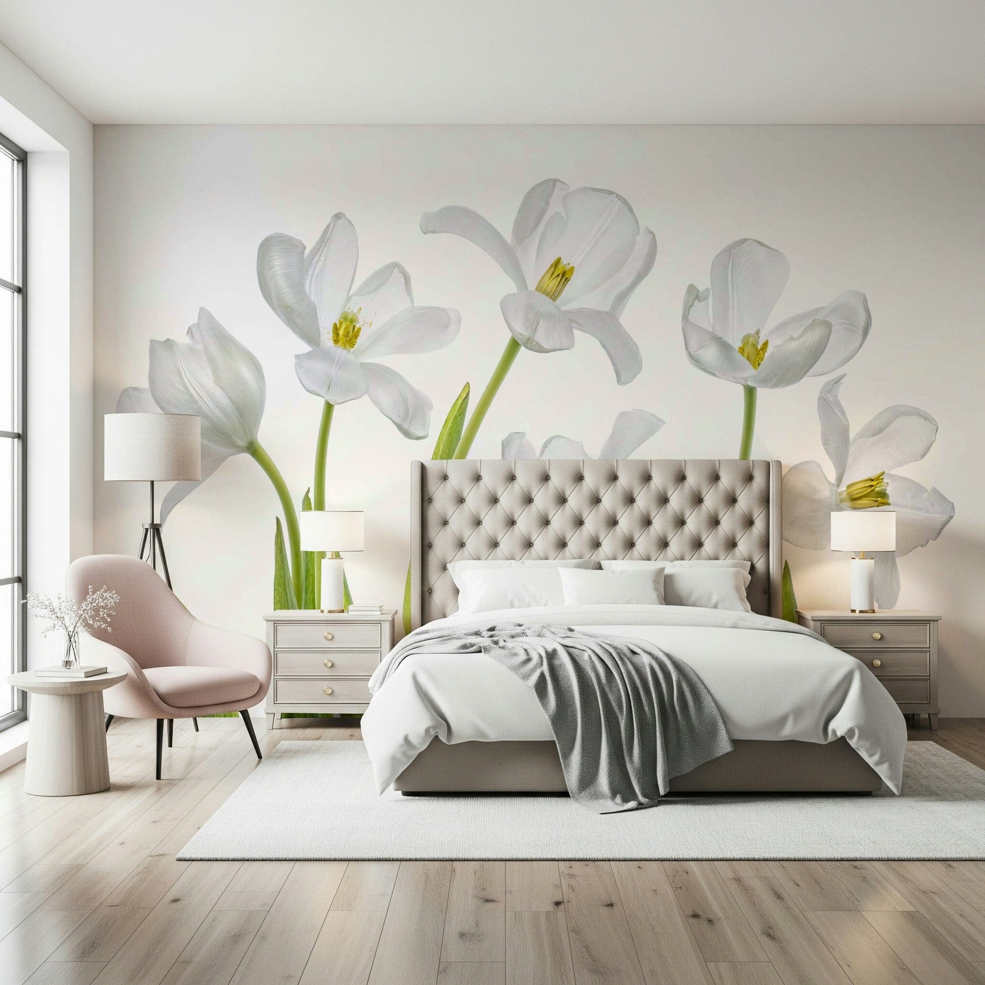 An artistic elegant tulip mural on minimalist wallpaper.

