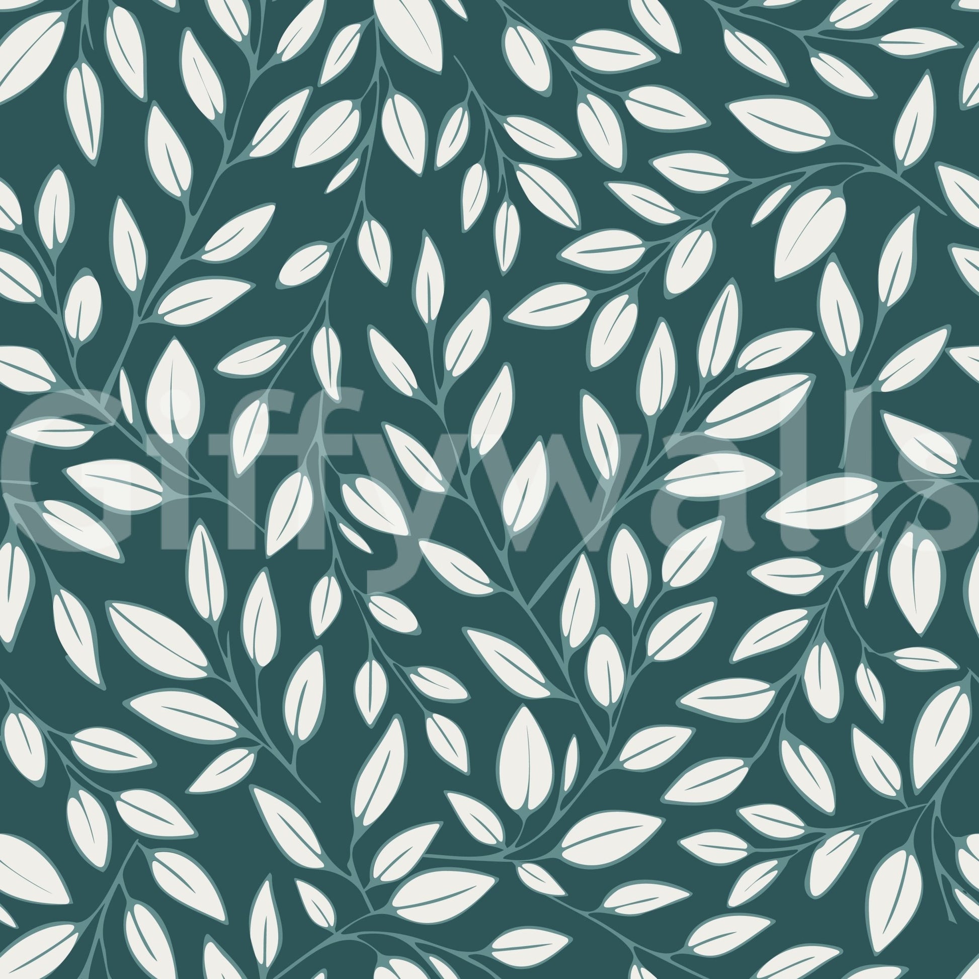 White Vines on Teal wallpaper close-up showing white leaves and trailing vines on a deep teal ground