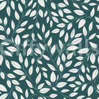 White Vines on Teal wallpaper close-up showing white leaves and trailing vines on a deep teal ground