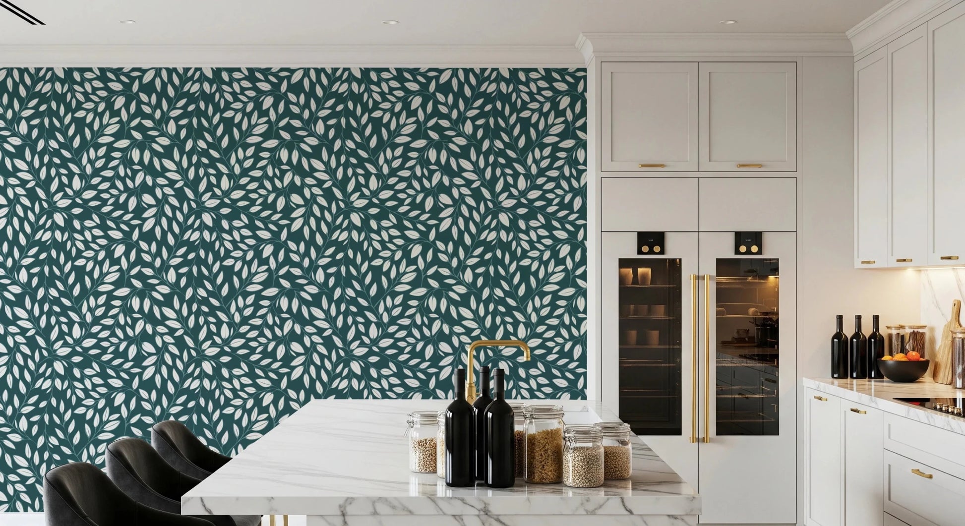 White Vines on Teal wallpaper as an accent wall in a white kitchen with a marble island and black bar stools