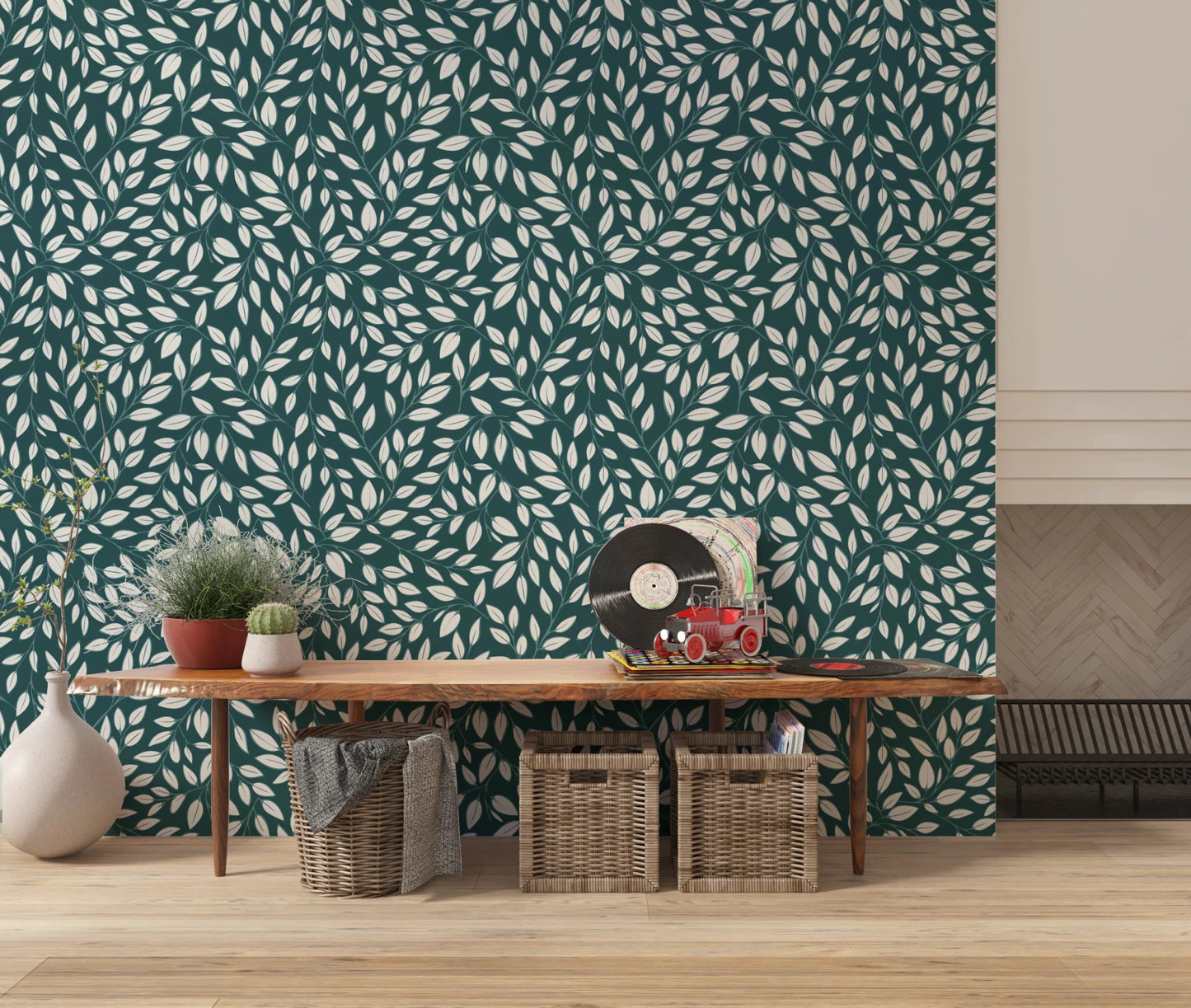 White Vines on Teal wallpaper behind a live-edge wood bench with woven baskets in an entryway